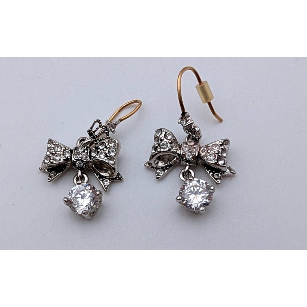 Juicy Couture Bow Drop Earrings Silver Tone Pave Crystal Crown Dangle French Hk